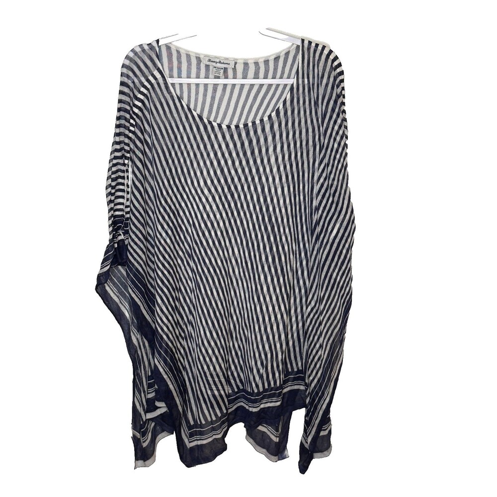Tommy Bahama Women Summer Meshes Beach Tunic Blouse Stripes Blue White One Size